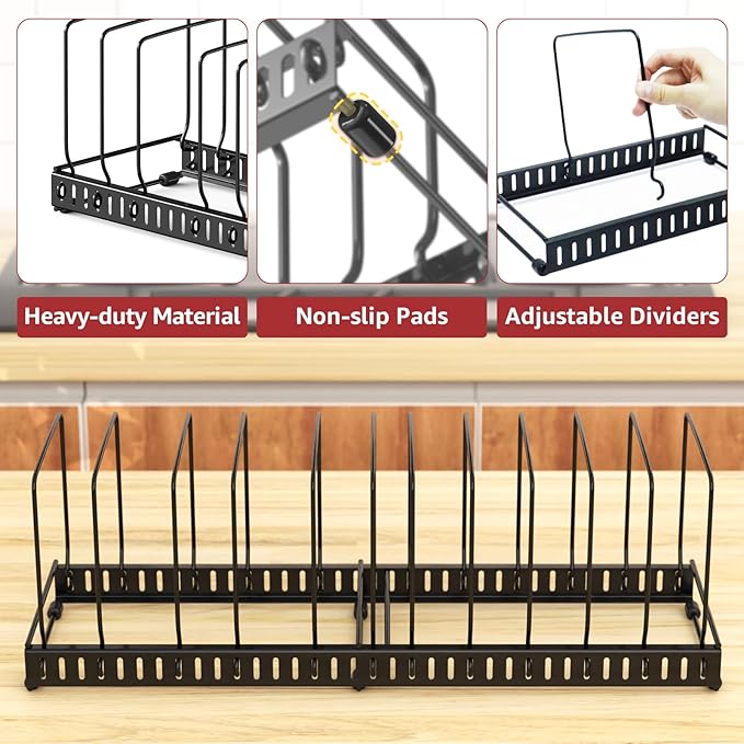 HzTinT Cutting Board Organizer Rack for Cabinet, Expandable 11.3"-22.5" Adjustable Divider Cutting Board Holder and Pot Lid Organizer, Kitchen Cabinet Organizer for Bakeware, Black