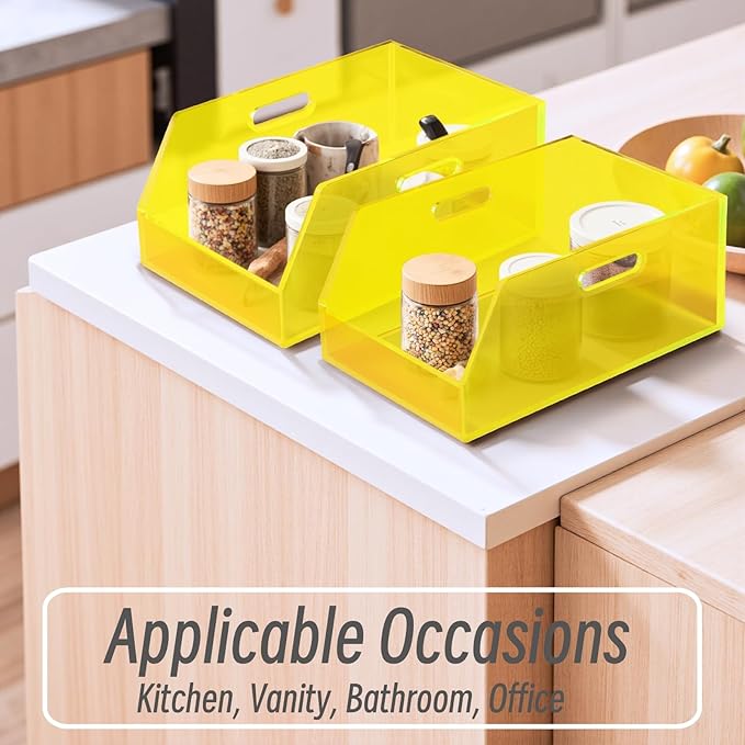 Gelite Stackable Storage Bins Open Front Organizer Bins with Handles Acrylic Storage Container for Pantry Kitchen Cabinet Bathroom Closet Office Organization, 11.4x7.5x5.1'', Neon Yellow