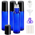 PrettyCare 10 ml 4 Pack Essential Oil Roller Bottles with Stainless Steel Roller Ball - Refillable Leak-proof Empty Thick Blue Glass Roll on Bottles with Black Caps for Travel, Perfume