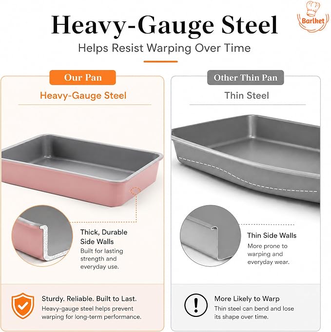 9x13 Inch Baking Pan 2 Pack, Heavy Duty Carbon Steel Lasagna Pan, 2.5 Inch Deep Nonstick Rectangular Cake Pans for Brownies, Casserole & Roasting, Pink Exterior with Gray Interior