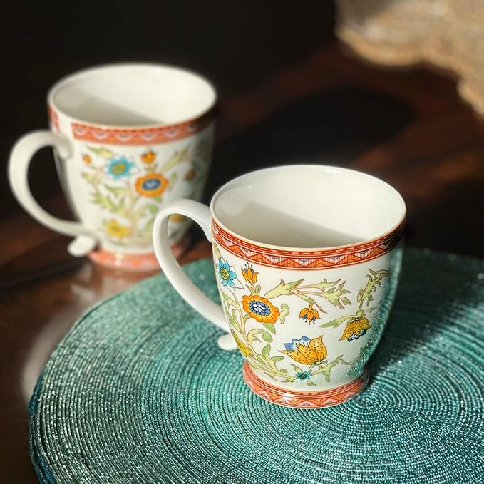 STP GOODS Porcelain Mug 13.5 fl. oz. - Set of 2 in Gift Box Coffee Cup, Gift for Women and Men (Fleurs des Prairies)