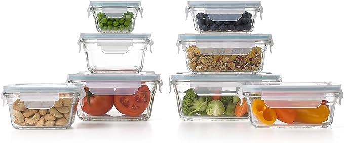 Glasslock Tempered Glass Food Storage Containers with Lids for Household Essentials, Meal Prep, and Leftover Storage, Clear (8 Pack)