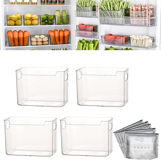 Crystal Clear Freezer Storage Bins - 4 Pack Stackable Freezer Organizer Bins, Clear Plastic Kitchen Cabinet Organizer for Meat, Veggies & Fruit (White, 4pcs-L)