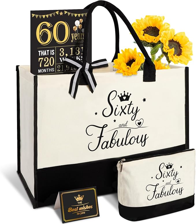 YeohJoy 60th Birthday Gifts for Women 60 and Fabulous Canvas Tote Bag Travel Gear, Unique 60 Years Old Gifts for Wife Sister Mom Aunt Friends Her, Handbag & Cosmetic Bag & 60 Birthday Poster