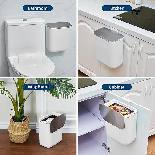 Hanging Kitchen Trash Can with Lid - 2.4 Gallon Small Compost Bin for Cabinet Door, Under Sink - Odor-Sealing Stainless Steel Top Food Waste Bin for RV, Bathroom, Office - Indoor Recycling Bin