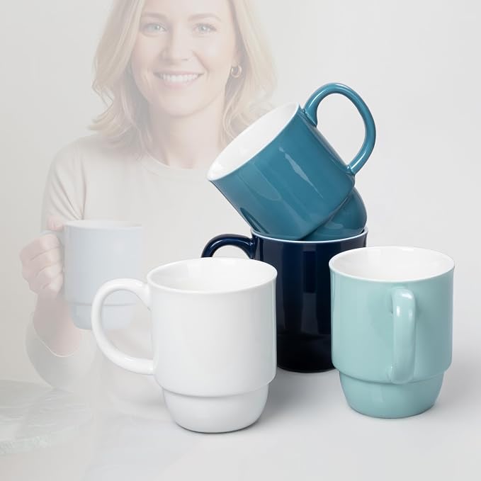 Stackable Porcelain Coffee Mug Set of 4 – 20oz Jumbo Capacity, Space-Saving Ceramic Mugs with Large Handle for Kitchen & Coffee Bar, Microwave & Dishwasher Safe Modern Home Gift