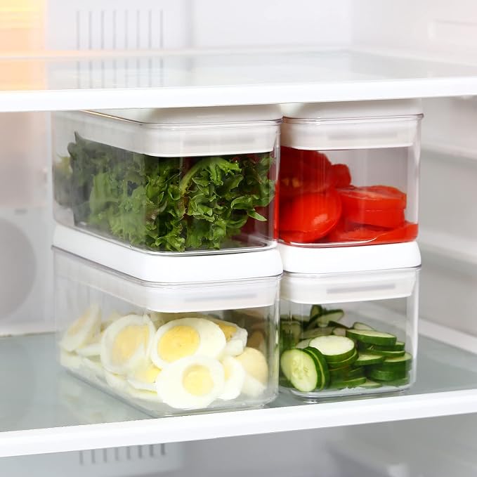Felli Flip Tite Food Storage Container with Lid 4” RECTANGLE Airtight Ring Flip Lock Top, Stackable Acrylic Canister Set for Kitchen Fridge Pantry Organizer, Veggie Fruit Tea Bag Snack (1.1 qt)