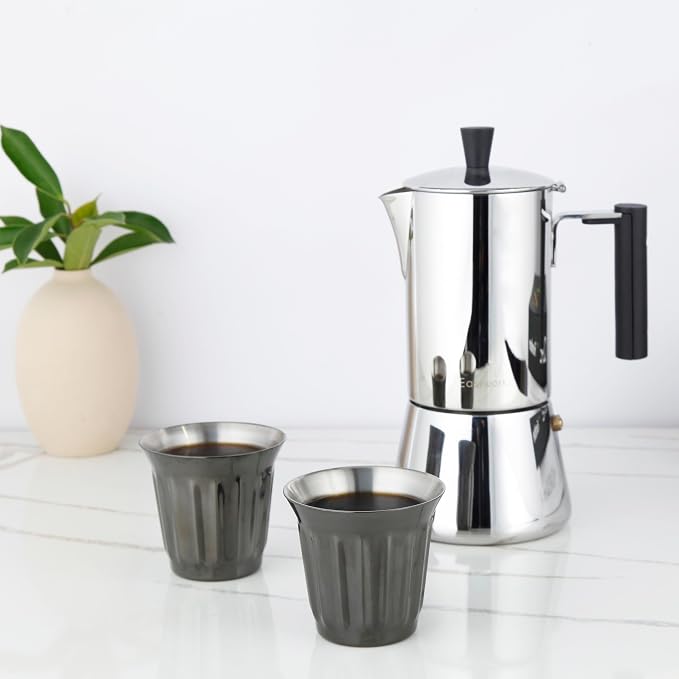 Easyworkz French Press 12 oz, Bundled Stainless Steel Double-Wall Espresso Cups 5 oz Set of 2, Vertical Stripe Design, Gunmetal