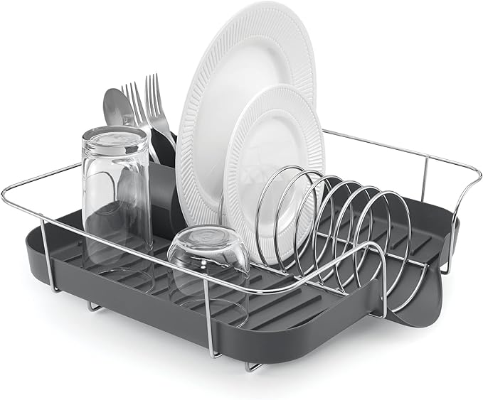 Polder Spring Dish Rack Holds Up to 9 Plates and Includes Removable, Stand-Alone Utensil Bin (Gray)