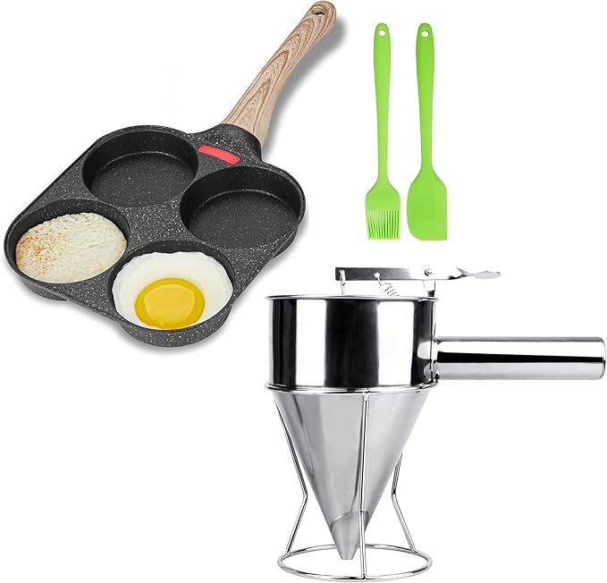 MyLifeUNIT Egg Pan, 4 Cup Egg Frying Pan and 40oz Pancake Batter Dispenser Bundle