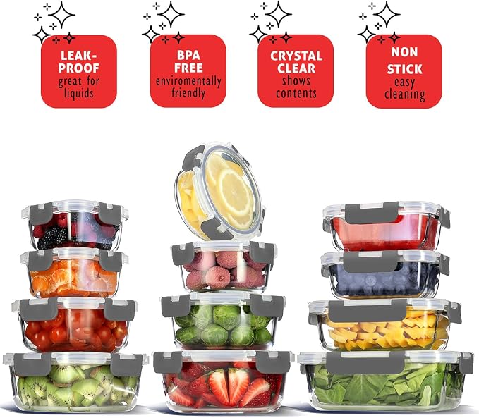 Nestl 48pc Glass Storage Containers with Lids, 24 Glass Food Storage Containers with 24 Airtight Lids for Pantry & Kitchen, Meal Prep Containers for Lunch, Oven Microwave & Dishwasher Safe, Gray