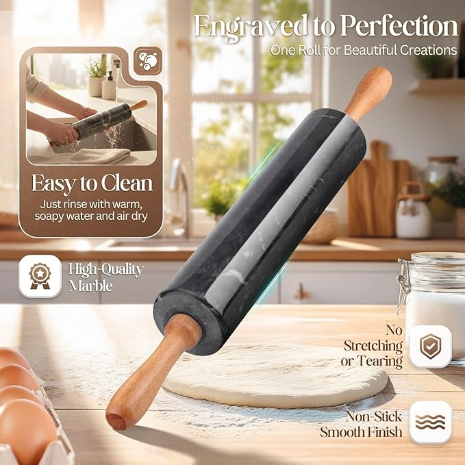 Flexzion Marble Rolling Pin Heavy Nonstick Stone Dough Roller - 10 Inch Polished Barrel with Wooden Handles & Cradle Stand for Baking Pastry Bread Pizza Cookies Pie Crust Pasta Tortillas (Black)