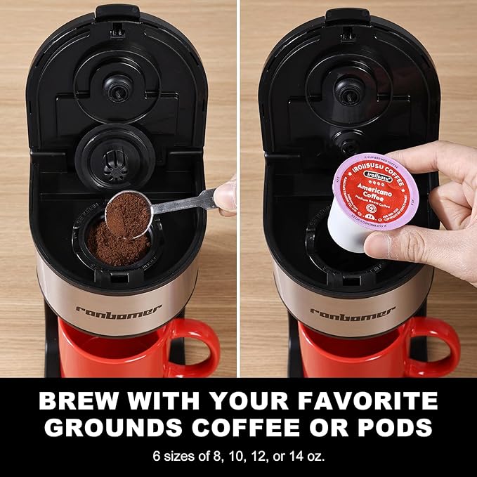Ranbomer K Cup Coffee Maker, Single Serve coffee machine or Ground Coffee Machine 2 in 1, 6 to 14 Oz Brew Sizes, Mini One Cup Coffee Maker with Self cleaning Function.