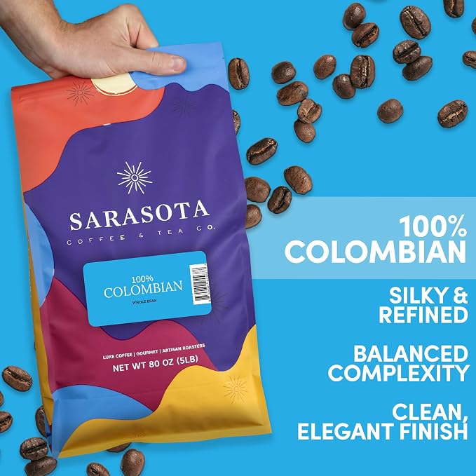 5 lb Whole Bean Coffee, 100% Colombian Coffee, Colombia Excelso, Medium Roast, Low Acid, Specialty Grade, Mold Free, 80 oz