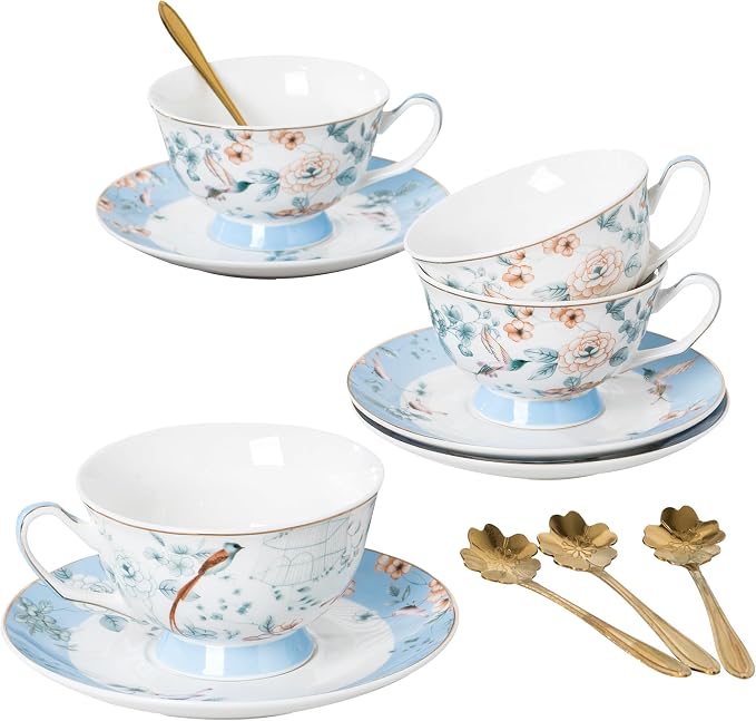 Jusalpha Porcelain Tea Cup and Saucer Set with Golden Spoon, Blue Floral Pattern, 12 Piece, 7 Oz, Modern Style, Hand Wash