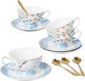 Jusalpha Porcelain Tea Cup and Saucer Set with Golden Spoon, Blue Floral Pattern, 12 Piece, 7 Oz, Modern Style, Hand Wash