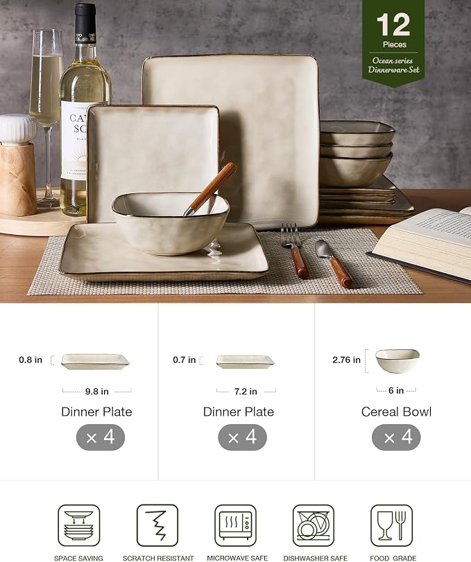 Famiware Stoneware Dinnerware Sets for 4, Ocean Square 12-Piece Kitchen Plates and Bowls Sets, Microwave and Dishwasher Safe, Scratch Resistant, Light khaki