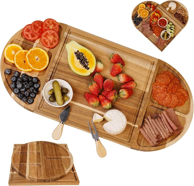 Large Magnetic Charcuterie Board Set 26x13 Inch - Acacia Wood Cheese & Serving Tray with 4 Color-Coded Cutting Mats, Juice Grooves - Modular Design for No-Mess Entertaining, Wedding Gifts