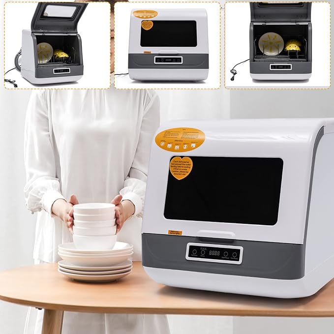 1200W Portable Dishwasher Countertop with 75°C Hot Drying - 3 Wash Programs 360° Streak-Free Cleaning for 6 Place Settings, Compact Mini for Apartments, RVs, Dorms (White, 110V)