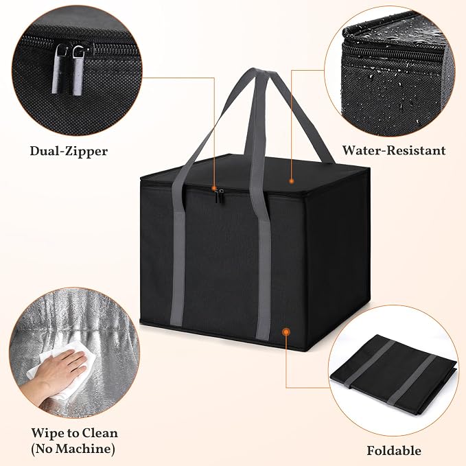 3-Pack XL-Large Insulated Grocery Bags, Collapsible Cooler Bags with Zipper, Multi-Purpose Insulated Tote for Shopping Camping Beach and Trips