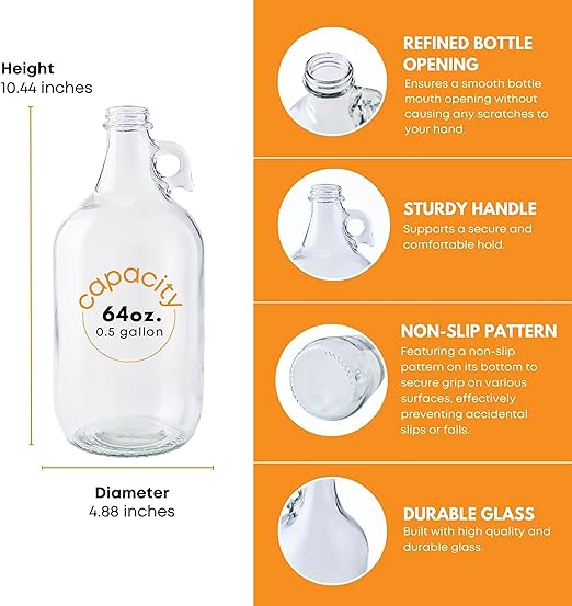 Fastrack 6-Pack Half-Gallon Glass Jug Set (64 oz) w/12 Polyseal Caps & Black Jar Gripper Pad – Multipurpose Half Gallon Jug, & Detergent Dispenser for Laundry, Glass Jar for Liquids, Water & Juice