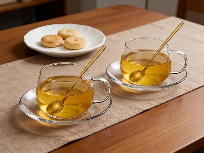 Glass Teacup and Saucer Set, Clear Coffee Mug and Saucer with Gold Stainless Steel Spoon, Teacups for Espresso Cappuccino Latte Tea Juice, 12OZ/350ml (Clear - 2 Pack)