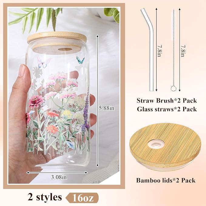 Mumufy 2 Pack Wildflower Glass Cups Gift Aesthetic Cute Glass Cup Tumbler Flower Iced Coffee Mugs 16 oz with Bamboo Lid & Straw, for Wedding Birthday Bridesmaid Mom Baby Shower