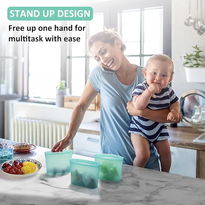 Bundle of 6 Pack Mini Collapsible Silicone Snack Containers with Lids + 4 Pack 100% Silicone Reusable Food Storage Bags 16oz Aqua