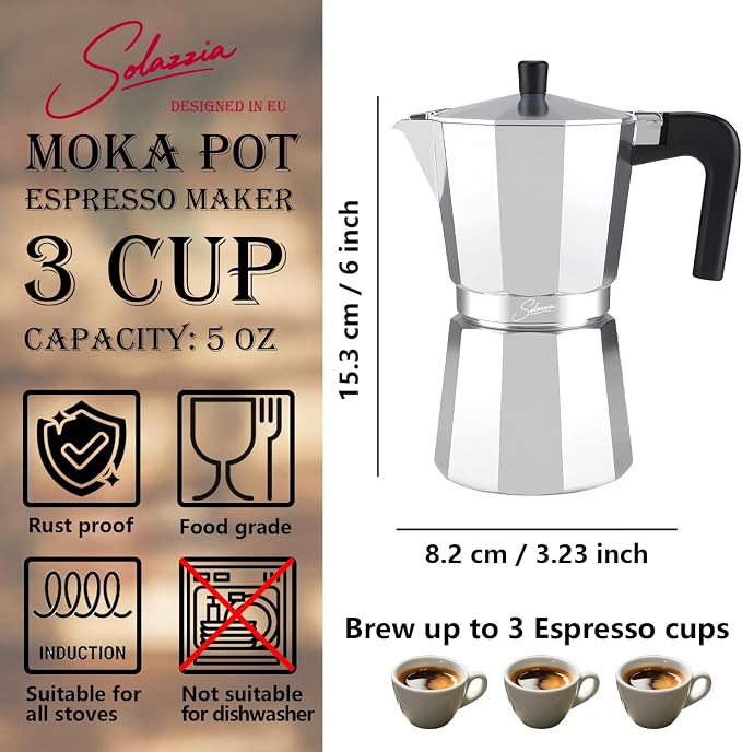 3 Cup Stovetop Espresso Maker Italian Moka Pot, Stove Top Cuban Coffee Maker, Greca Mocha Pot(Basic, 5 oz/150ml)