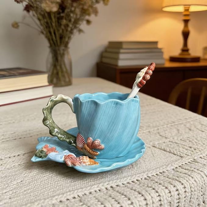 Coastal Seashell Starfish Ceramic Cup and Saucer Set - 3D Hand-Painted Ocean Themed Mug with Seashell-Shaped Saucer, Tableware for Coffee/Tea Lovers