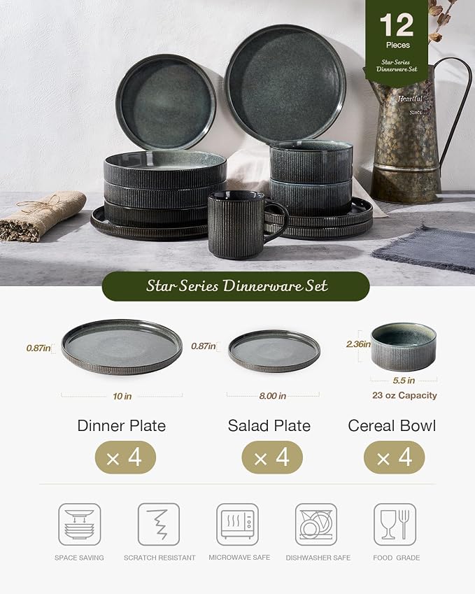 Famiware Star 12-Piece Stoneware Dinnerware Sets for 4, Reactive Glaze Plates and Bowls, Modern Rustic Dishes for Everyday & Formal Use, Chip/Scratch Resistant, Microwave/Dishwasher Safe, Deep Forest