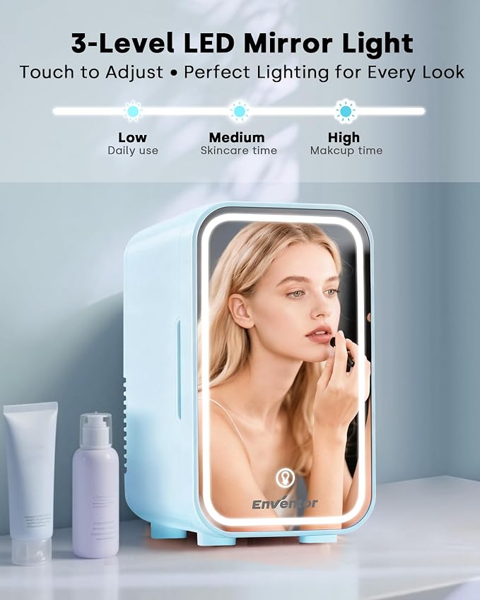 Enventor Mini Skincare Fridge Small Refrigerator for Bedroom, Beauty Fridge for Makeup with Dimmable LED Mirror, 6 L / 8 Cans Compact Portable Cooler for College Dorm, Office, Car, Blue
