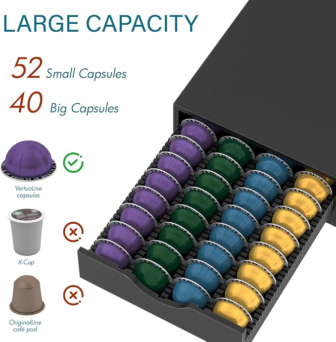 Suli Coffee Pod Drawer Organizer Compatible with Nespresso Vertuo Capsules | Wood Coffee Pod Holder for Countertop with Smooth Pull-Out,52 Small or 40 Large Capsules,Fits Under Coffee Maker,Black