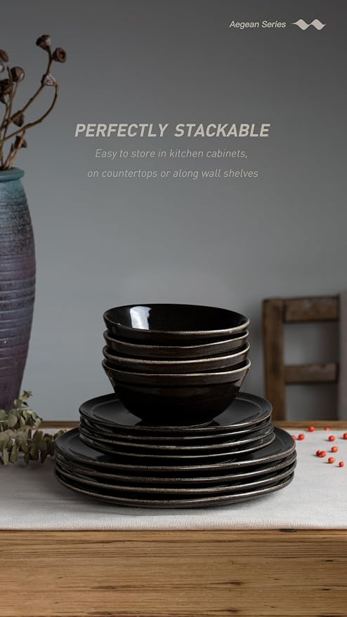 Famiware Aegean Stoneware Dinnerware Set for 8, Plates and Bowls Sets, 24 Pieces Scratch Resistant Dinner Set, Handmade Irregular Round Dishes - Microwave and Dishwasher Safe, Black Coffee