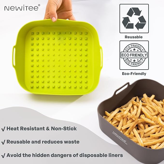 NEWITEE Air Fryer Silicone Liners 5 Qt For Ninja AF141/AF181/COSORI, 2 Pack BPA Free Platinum Air Fryer Basket Liners, Square Ninja Reusable Silicone Liner Accessories Replacement for Parchment