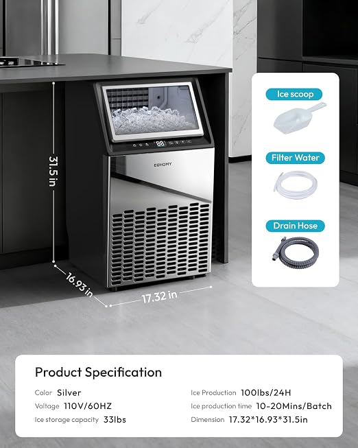 EUHOMY Commercial Ice Maker Machine,100lbs/24H Stainless Steel Under Counter Ice Machine with 33lbs Storage Bin, Freestanding Ice Maker for Home/Bar/Cafe/Restaurant(Mirror-Polished Stainless Steel)
