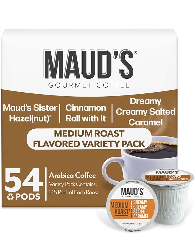 Maud's Salted Caramel, Sweet Hazelnut & Cinnamon Roll Flavored Pods Bundle, 54 ct, Medium Roast Flavored Coffee in Single Serve Pods – 100% Arabica Coffee, Compatible with Keurig K Cups Maker