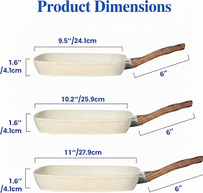HealSmart 3 Pieces Nonstick Grill Pan Set, Square Cooking Skillets with Wooden Handles, PFOA-Free Multi-size Griddle Pans Fit All Stovetops, Indoor & Outdoor Cooking, 9.5",10.2",11", Beige