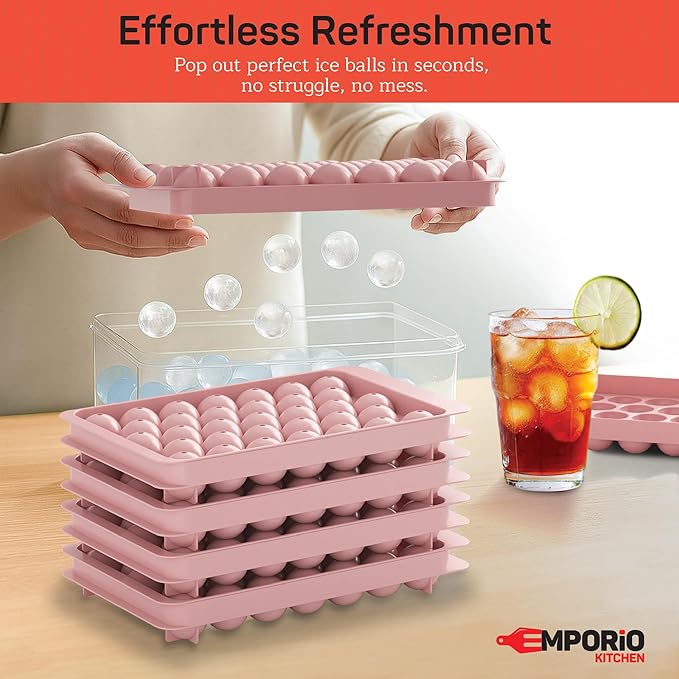 Emporio Kitchen Round Ice Cube Tray Set Pack of 4, BPA-Free Stackable Trays with Lid & Tongs, 33 Ice Balls Per Tray for Whiskey, Drinks, and Cocktails, Quick Release Round Ice Cube Mold, Pink
