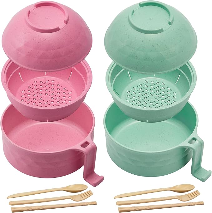 2 Sets Microwave Ramen Bowl 40 oz Wheat Fiber Portable Instant Noodle Cooker Bowl with Handles Strainer Spoon Chopstick Fork College Dorm Room Apartment Essentials(Pink, Light Green)