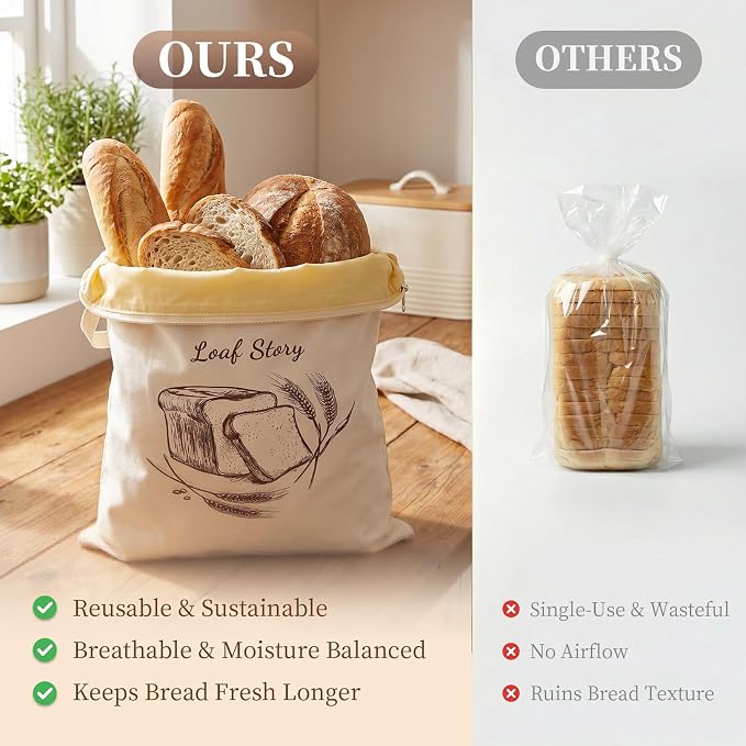 Beeswax Sourdough Bread Bags with Wide Zipper Access, 2 Pack XL 13" x 17" Reusable Linen Cotton Bread Bags for Homemade Bread, Helps Maintain Crust & Freshness (Double-Sided Print Design)