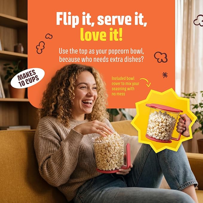 Air Popper Popcorn Machine - 10-Cup Air Pop Popcorn Maker with Measuring Cup - Hot Air Popped Oil-Free Compact Popcorn Popper - Movie Nights & Parties - Red