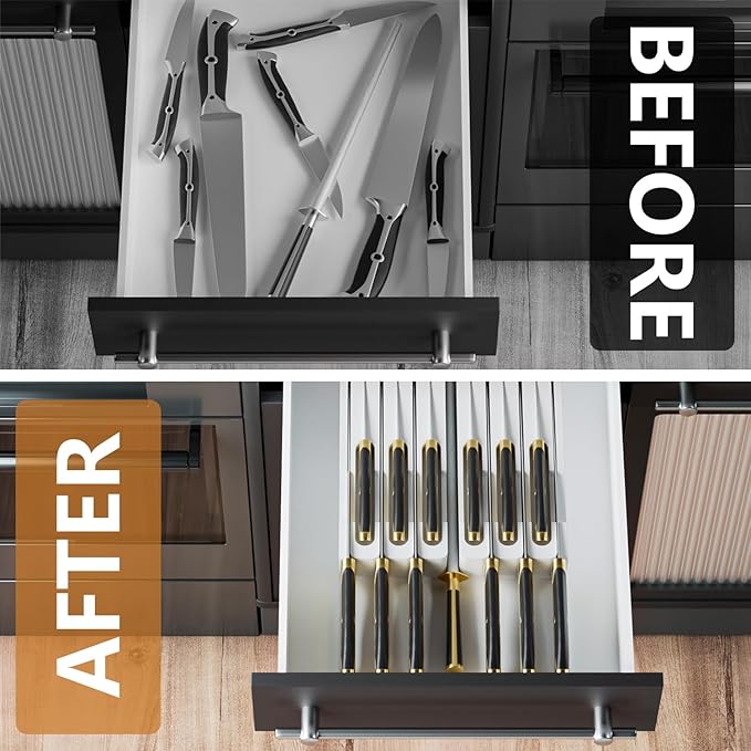 Domax Bamboo In-drawer Knife Block - Kitchen Knife Drawer Organizer Insert, Steak Knife Holder Without Knives, Drawer Knife Organizer Fits for 12 knives and 1 Sharpening Steel (Not Included), White