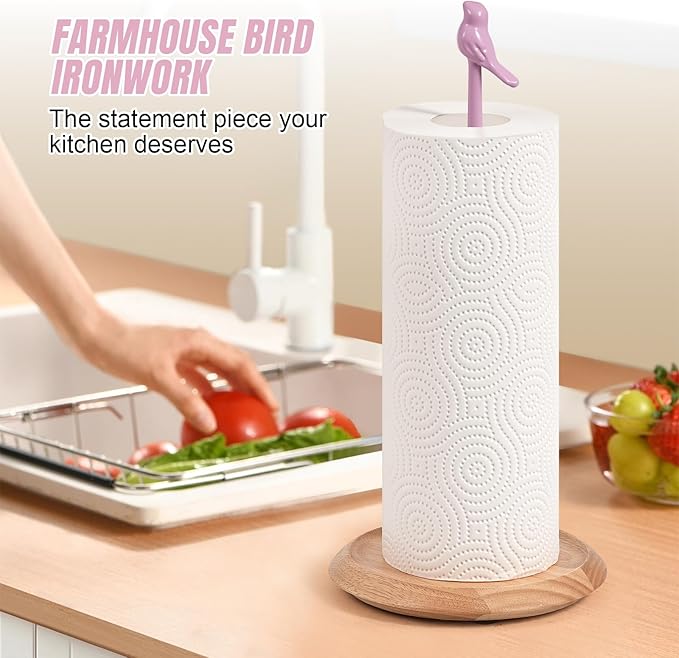 Wooden Paper Towel Holder countertop, Stylish Bird Shaped,Solid Wood Base&Iron Top, with Non-Slip Mat, Stable&Durable,Paper Towel Holder Farmhouse Style to Elevate Your Kitchen's Décor (Pink)