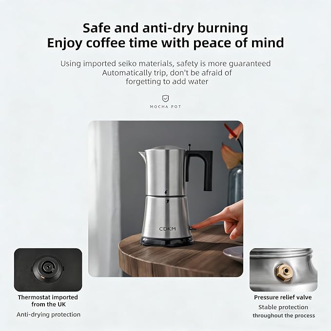 Automatic mocha coffee pot,moka pot stainless steel,One-touch Electric Coffee Maker,3-6 Cups 340ml Italian espresso machine, Anti-scalding, Automatic power-off,Gift Idea,Safety