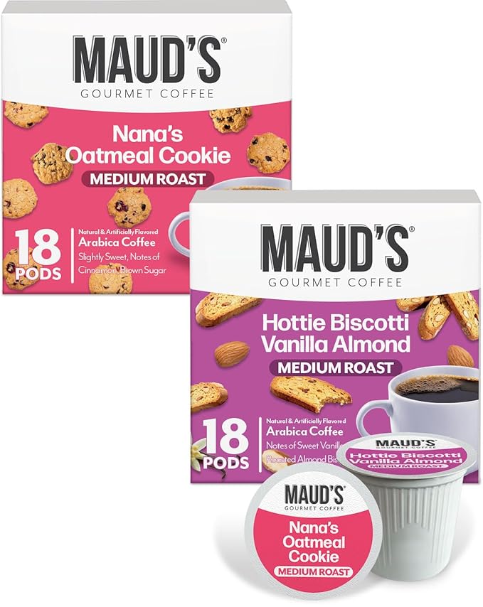 Maud’s Orange Creamsicle, Jamaican Rum Yum, Almost Biscotti & Oatmeal Cookie Flavored Coffee Pods Variety Pack, 72 ct, Medium Roast Single Serve Pods – 100% Arabica Coffee, Compatible with Keurig K Cups Maker
