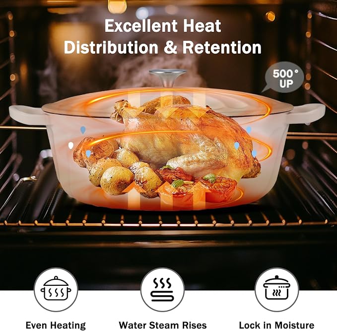 Enameled Dutch Oven Pot with Lid, 7 QT Cast Iron Dutch Oven with Dual Handles, Oval Dutch Oven for Cooking, Bread Baking, Frying, Non-stick Enamel Coated Oven (Caramel White)