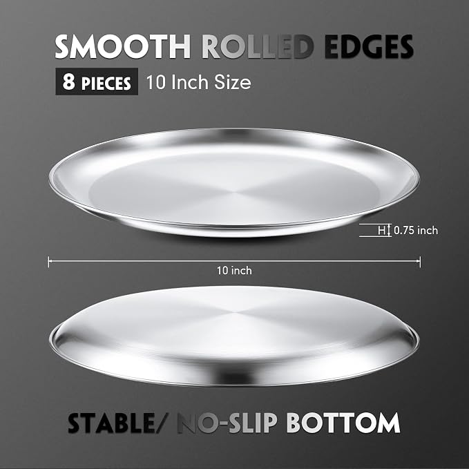 Thenshop 8 Pieces 10 Inch Pizza Pans Bulk Stainless Steel Sets Round Bakeware Pizza Trays for Oven Kitchen Baking Home Restaurant Picnics Holiday Activities Safe Sturdy Reusable Easy Clean(Silver)
