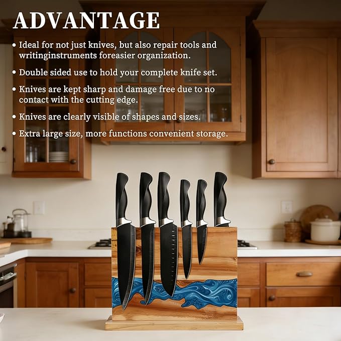 Ocean Magnetic Knife Block, Acacia Wood Knife Holder Stand with Strong Magnets, Double Side Knife Storage Rack for Kitchen (Blue)
