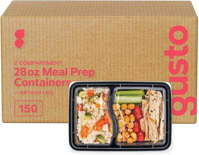 GUSTO [28 oz - Case of 150 2-Compartment Meal Prep Containers with Lids – Reusable, Microwaveable, Dishwasher & Freezer Safe, BPA-Free Food Storage Boxes for Portion Control (Formerly Comfy Package)